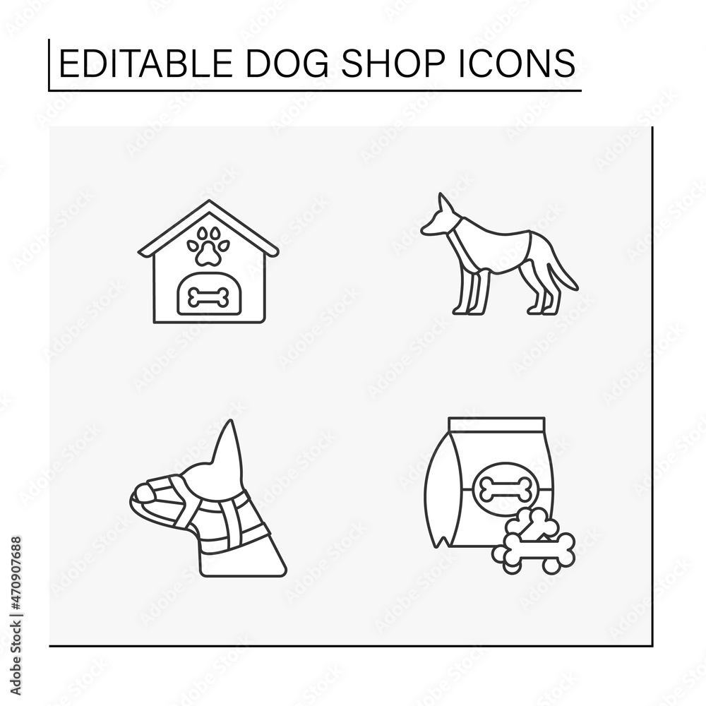  Dog shop line icons set. Special products for dogs. Snack, house and support harnesses. Care of pets. Shop concepts. Isolated vector illustrations. Editable stroke