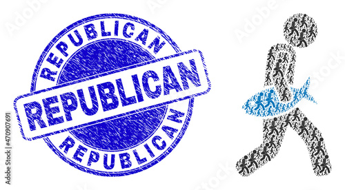 Vector fish courier icon composition is designed from scattered recursive fish courier icons. Republican dirty blue round seal imitation. Recursive composition of fish courier icon.