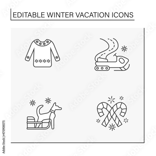 Winter vacation line icons set. Resort. Dog sledding. Christmas presents. Special date. Celebration concept. Isolated vector illustration. Editable stroke