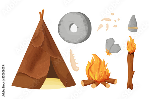 Set stone age campfire, torch and sharpen stones for fire, leather primitive hut, stone wheel isolated on white background stock vector illustration. Collection of ancient, antique tools of caveman.