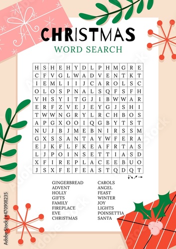 Christmas word search puzzle.  Holiday crossword  worksheet, find 16 hidden words. Party card. Fun printable winter time activities for adults and kids. Vector eps 10