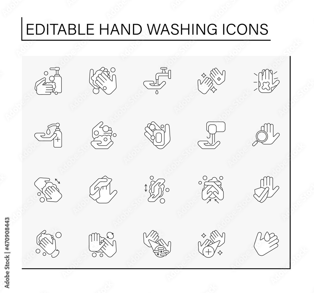 Hand washing line icons set. Rules for cleaning palms. Disinfection. Hygiena concept. Isolated vector illustrations. Editable stroke