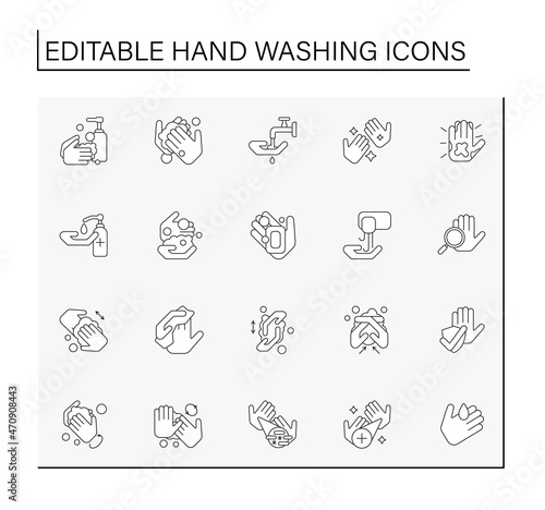 Hand washing line icons set. Rules for cleaning palms. Disinfection. Hygiena concept. Isolated vector illustrations. Editable stroke