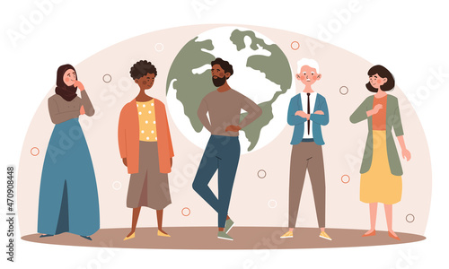 International men and women are standing with globe behind. Concept of diverse community with various different society groups. All population solidarity and unity. Flat cartoon vector illustration