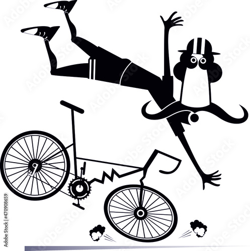Cyclist falling down from the bicycle isolated illustration. Funny long mustache falling down from the broken bicycle black on white