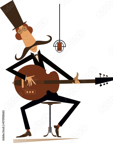 Cartoon long mustache guitarist is playing music illustration. 
Mustache man in the top hat playing guitar isolated on white background
