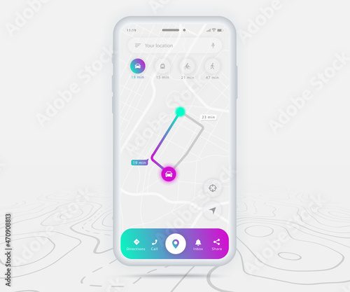 Map GPS navigation ux ui concept, Smartphone map application destination point on screen, App search map navigate, Technology map, City navigation maps, delivery rider, street, track, location vector