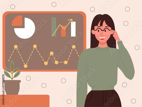 Smiling analyst adjusts the glasses while working with data. Concept of working with data, setting, data analytics, and mathematical research. Flat cartoon vector illustration