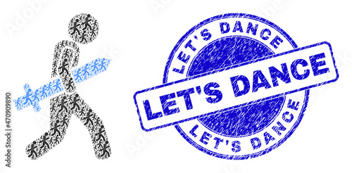 Vector sword gunman icon collage is formed of repeating self sword gunman parts. Let'S Dance rubber blue round stamp seal. Fractal composition of sword gunman icon.