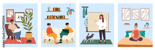 Stay at home set. Collection of pictures with people who spend time in their rome. Coronavirus selfisolation. Taking care of your health responsibility medicine. Cartoon flat vector illustration