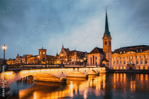 scenic view of historic Zurich city center with famous Fraumunster and Grossmunster Churches and river Limmat at Lake Zurich, Canton of Zurich, Switzerland © Melinda Nagy
