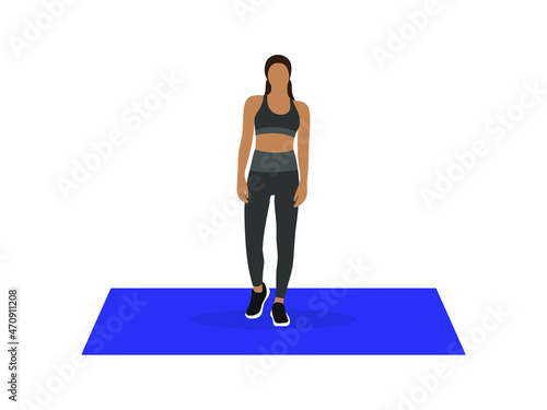 Female character in sportswear stands on a sports mat on a white background