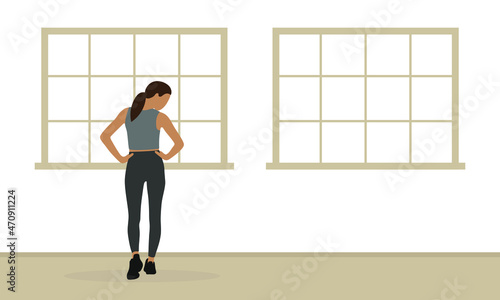 Female character in sportswear doing exercise in the room