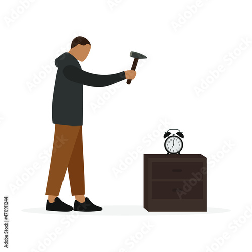 Male character swinging a hammer at an alarm clock standing on a nightstand
