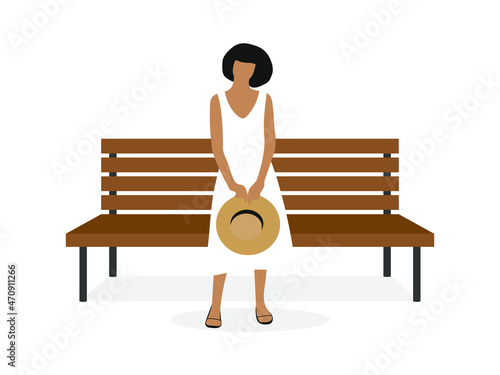 Female character in a summer dress and with a hat in her hands stands near a wooden bench on a white background