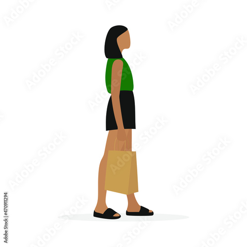 Young female character in summer clothes and with a paper bag in hand stands on a white background