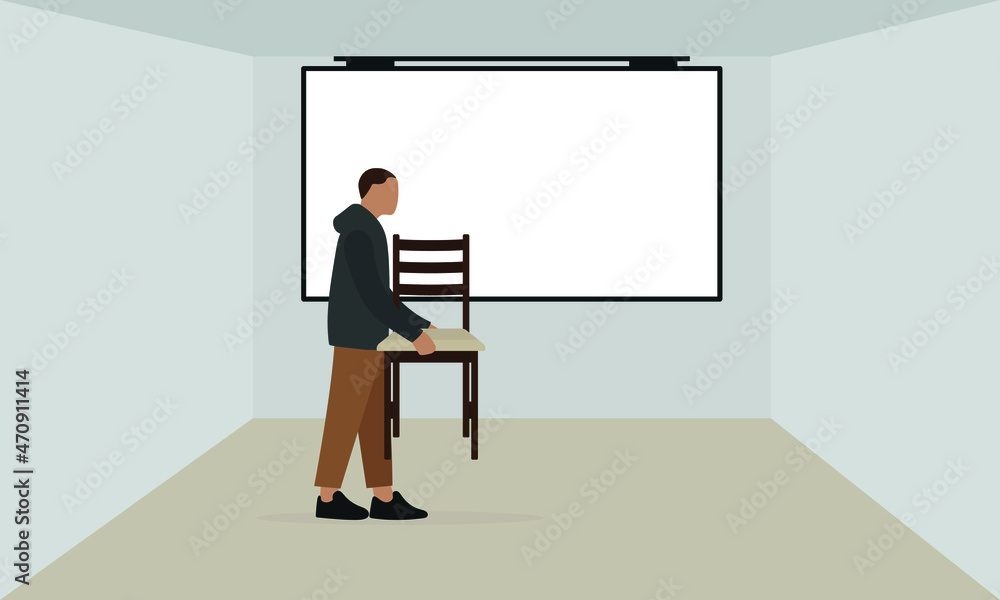 Male character holding a chair in a room with a screen hanging on the wall Male character holding a chair in a room with a screen hanging on the wall
