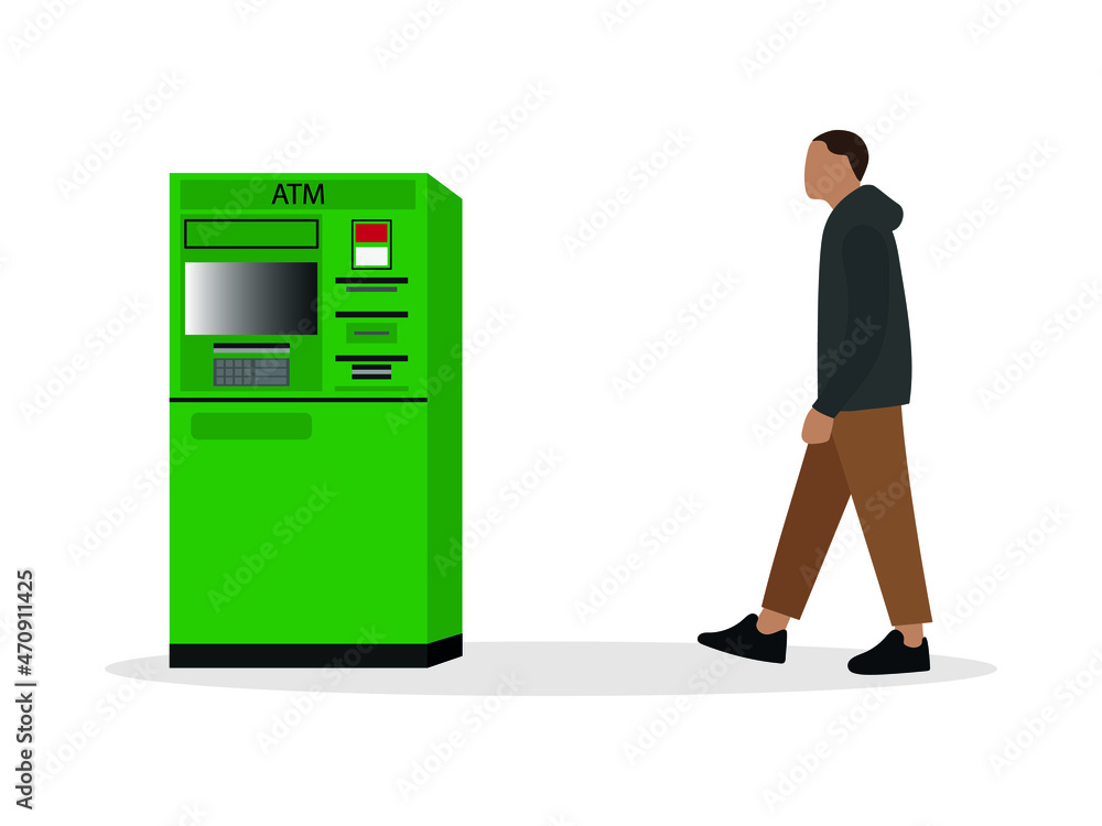Male character goes to the ATM on a white background Male character goes to the ATM on a white background