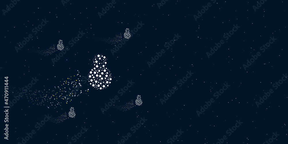 A Christmas snowman filled with dots flies through the stars leaving a trail behind. There are four small symbols around. Vector illustration on dark blue background with stars