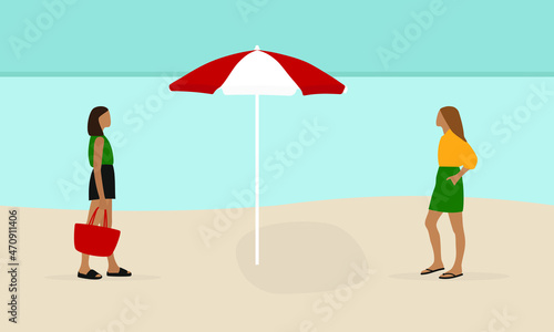 Two young female characters in summer clothes on the beach
