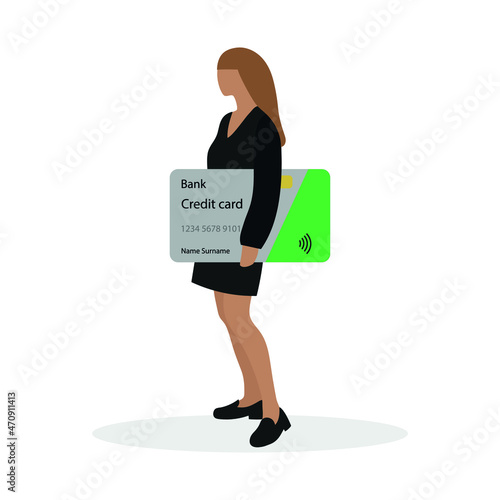 Female character with a big credit card in hand stands on a white background