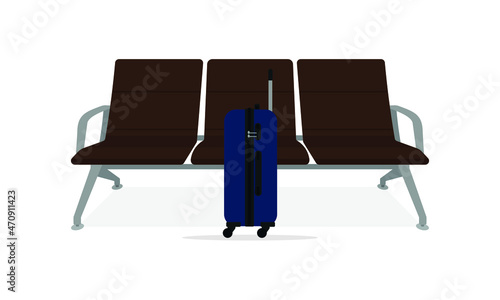 A suitcase on wheels stands near the seats on a white background