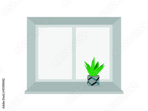 A green plant in a pot stands on a windowsill on a white background