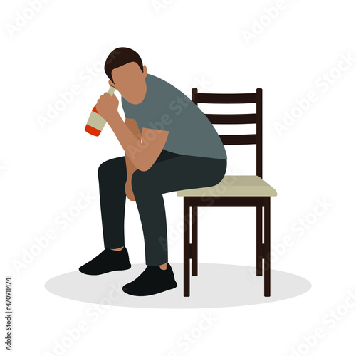 Male character with a bottle of alcohol in his hand sits on a chair on a white background