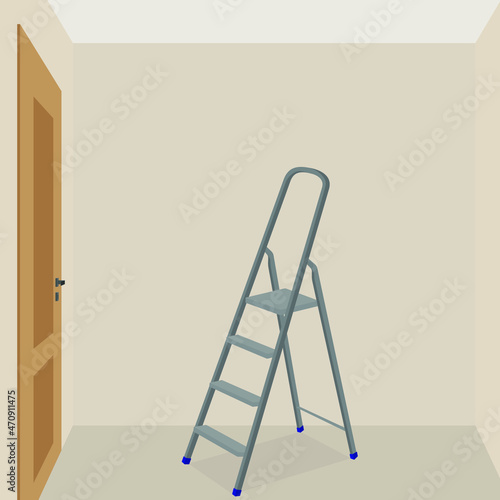 A metal stepladder stands in an empty room in front of a closed door
