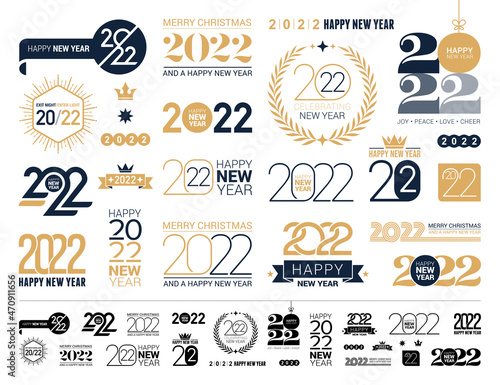 2022 Happy New Year trending logo design set. 2022 Christmas numbers design template. Decoration for new year holidays. Big Collection of 2022 happy New Year symbols. Black vector elements