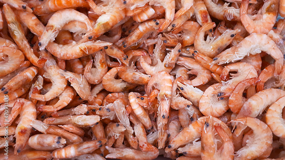 A Lot Of Fresh Shrimp For Sale In A Fish Market. Fresh Prawns For Sale