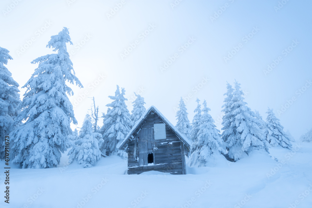 charming wooden hut in snowy fir forest during frozen winter