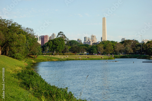 Sao Paulo, Brazil: ibirapuera park lake, obelisk on background