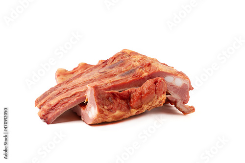 Smoked pork ribs, on a white background, close-up, horizontal, no people,