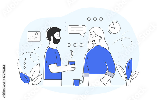 Friends drinking tea. Man offering girl hot drink. Lunch break, employees in company. Recuperation, communication of friends. Cafeteria, restaurant, dining room. Cartoon flat vector illustration