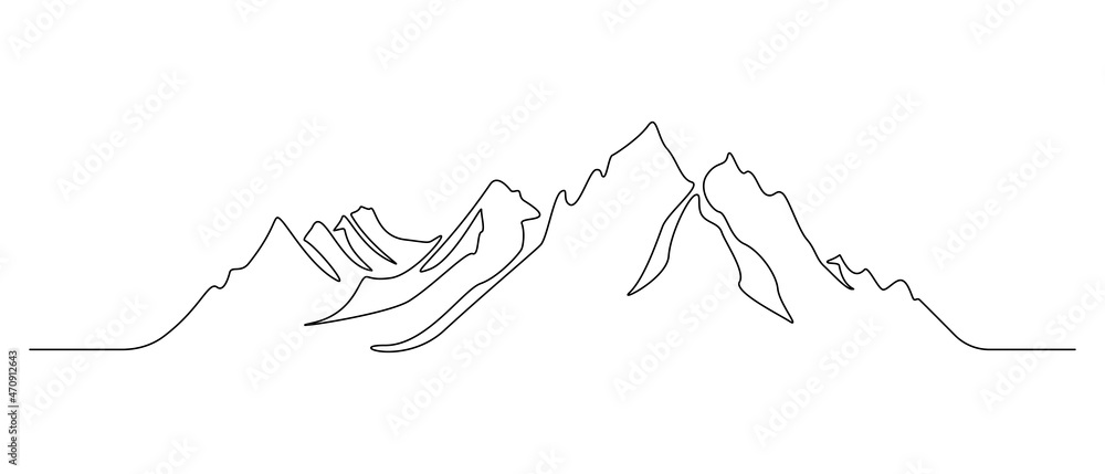 One continuous line drawing of mountain range landscape. Rocky peaks with snow and mounts in simple linear style. Winter sports concept isolated on white background. Doodle vector illustration