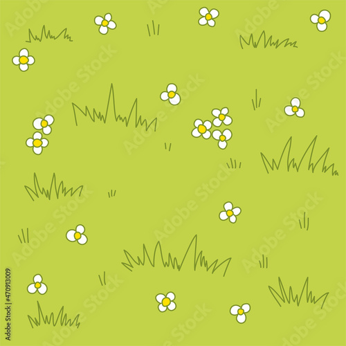 Green fresh grass, herb seamless repeat vector background. Chamomile in grass texture. Summer, spring meadow, lawn, sward illustration. Eco template, vegan, nature.