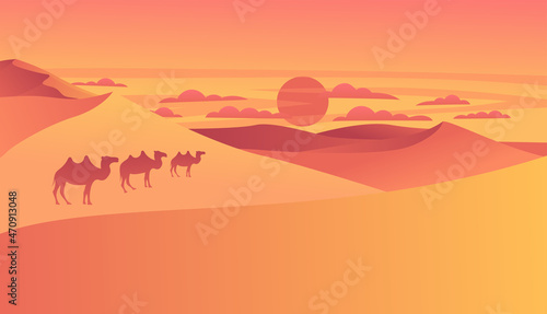 Landscape of desert with golden sand dunes morning or evening with walking camels. Hot dry deserted african nature background with  sandy hills scene  Cartoon vector illustration