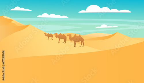 Landscape of desert with golden sand dunes under blue cloudy sky with walking camels. Hot dry deserted african nature background with yellow sandy hills parallax scene  Cartoon vector illustration