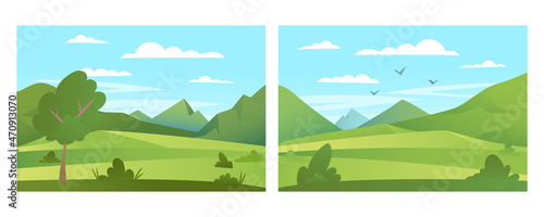 Set of cartoon flat panorama of spring summer beautiful nature, green grasslands meadow with mountains on horizon background, summer mountain landscape, dawn over the valley. Vector illustration