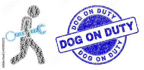 Vector serviceman icon mosaic is organized with repeating recursive serviceman items. Dog on Duty corroded blue round seal. Recursive mosaic from serviceman icon.