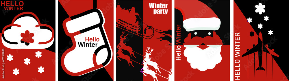 Set of Christmas and New Year holiday cards, banner, web poster, flyer, brochure, greeting cards, group bright covers. Black and red design. Vector Set of Christmas and New Year holiday cards, banner, web poster, flyer, brochure, greeting cards, group bright covers. Black and red design. Vector