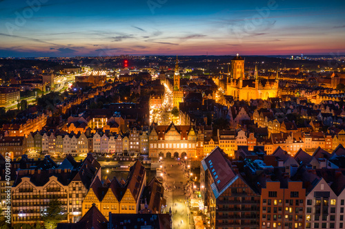 Aerial scenery of the old town in Gdansk at dusk. Poland.
