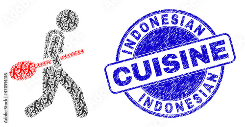 Vector spoon robber icon collage is created of random self spoon robber pictograms. Indonesian Cuisine corroded blue round seal. Recursive collage of spoon robber icon.