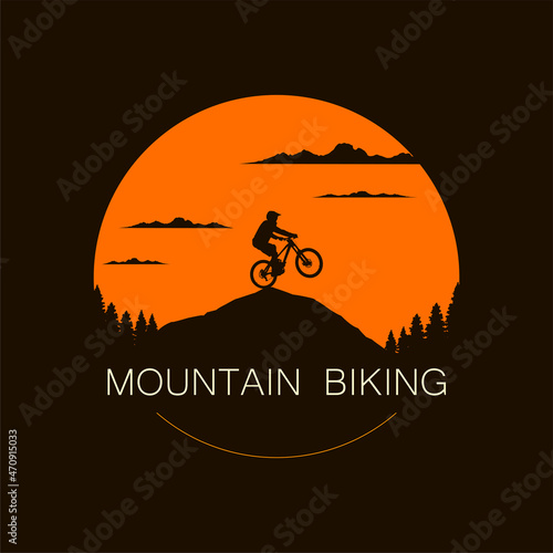 Round mountain bike logo design with extreme cyclist on top of a hill. Mtb, freeride, downhill, enduro badge. Vector template.