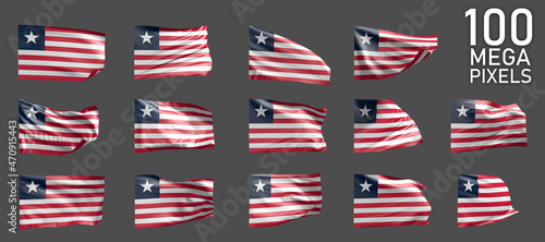 14 different pictures of Liberia flag isolated on grey background - 3D illustration of object