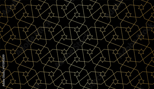 Pattern with golden stars and thin lines on black background. Seamless Abstract geometric texture. Trendy background in Arabic style for textile and wrapping. Monochrome Vector linear swatches.