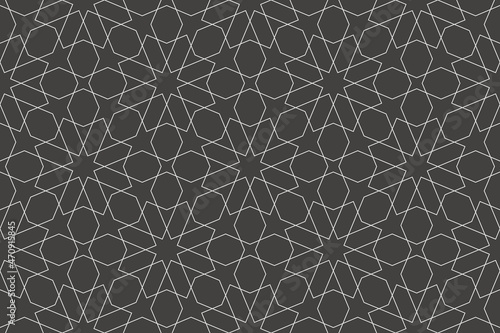   attern with thin straight lines  stars and polygons on black background. Seamless linear Abstract geometric texture. Background in Arabic style. Vector design for textile  fabric and wrapping.