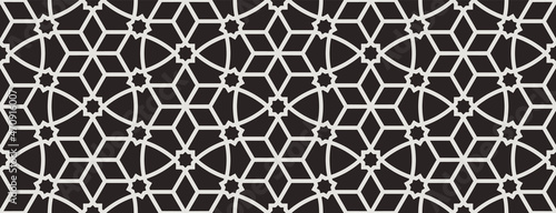 Seamless pattern with intersecting stripes and polygons on black backcround. Abstract vector design for louver, textile, fabric and wrapping. Stylish lattice design in Arabic style.