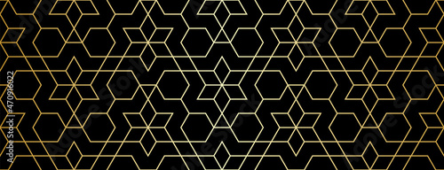 Abstract geometric pattern with crossing golden lines and stars on black background. Seamless linear design in Art Deco style. Stylish vector texture for textile, fabric, wrapping. Decorative lattice.